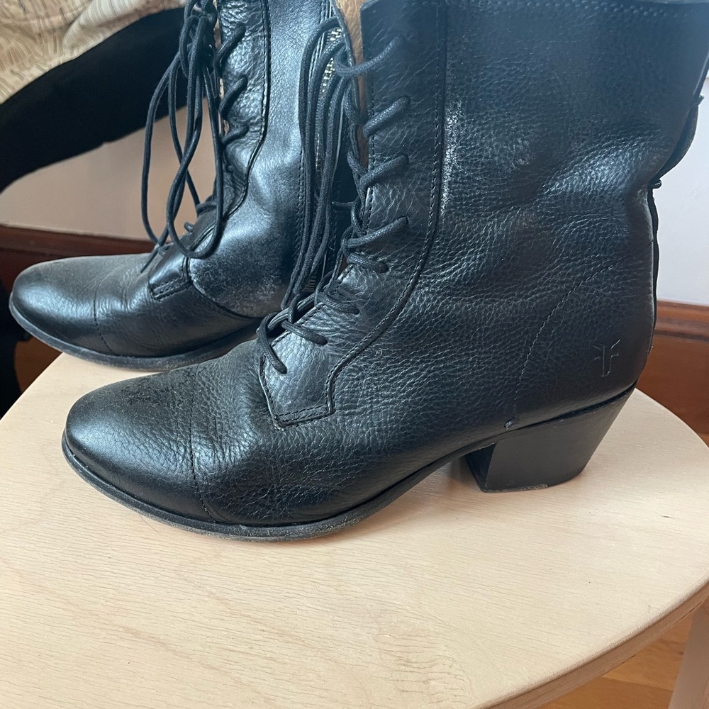Frye Black Lace Up Boots with Stacked Heel